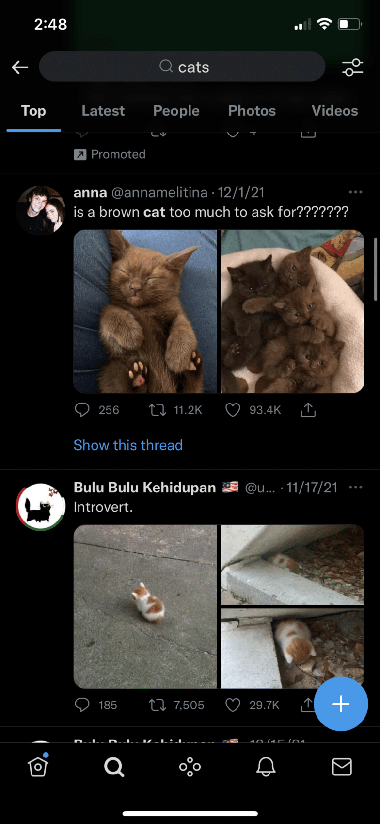 mobile search for "cats" on Twitter with dark mode enabled