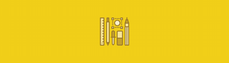 yellow icons of writing and desk utensils. A pen, a pencil, an eraser, and a ruler are featured.