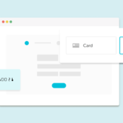 Mockup of the Growth Suite dashboard with a credit card to bank transfer through ACH. Background is light blue with white clouds
