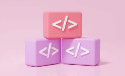 three coding blocks of chevron, backslash, end chevron, are stacked in front of a pink background. they are each a shade of pink or purple with white code
