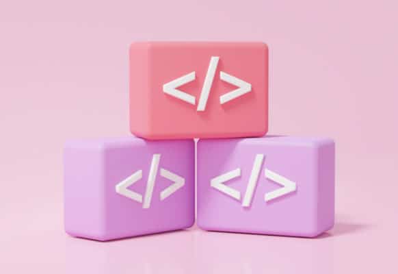 three coding blocks of chevron, backslash, end chevron, are stacked in front of a pink background. they are each a shade of pink or purple with white code