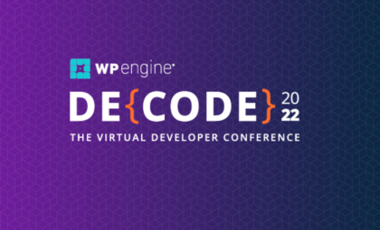 Beneath the WP Engine wordmark logo and on a purple background, white text reads: DeCODE, the virtual developer conference.