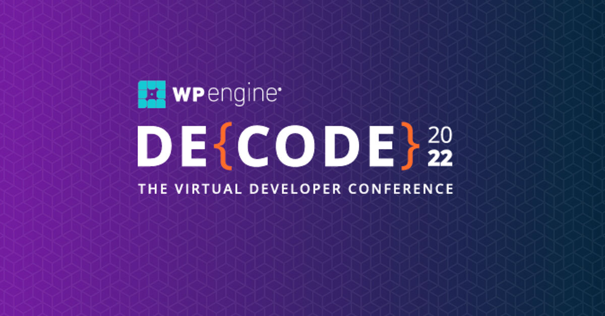 Beneath the WP Engine wordmark logo and on a purple background, white text reads: DeCODE, the virtual developer conference.