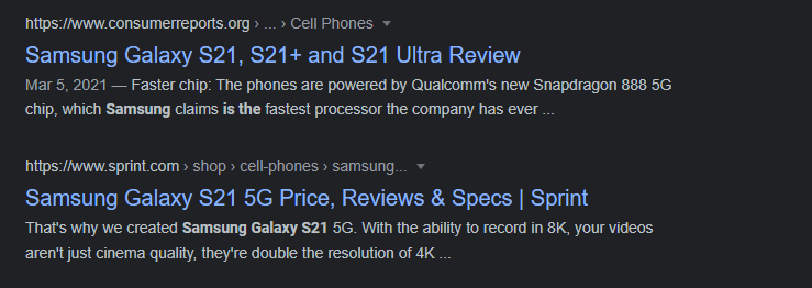 Screenshot of Google search results for the Samsung Galaxy S21 without rich snippets. Results show links and truncated meta descriptions