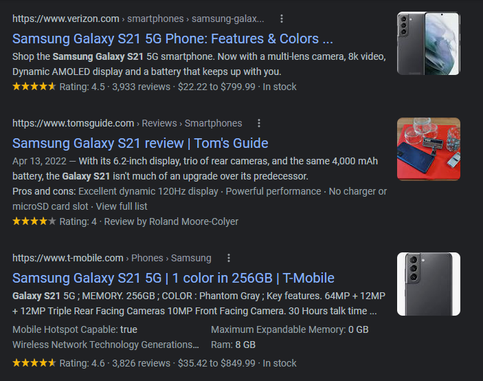 Screenshot of Google search results for the Samsung Galaxy S21 with rich snippets. Results show images, star ratings, the number of user reviews, and additional product details