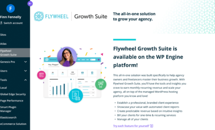 Screenshot showing the appearance of the Flywheel Growth Suite option in the WP Engine User Portal