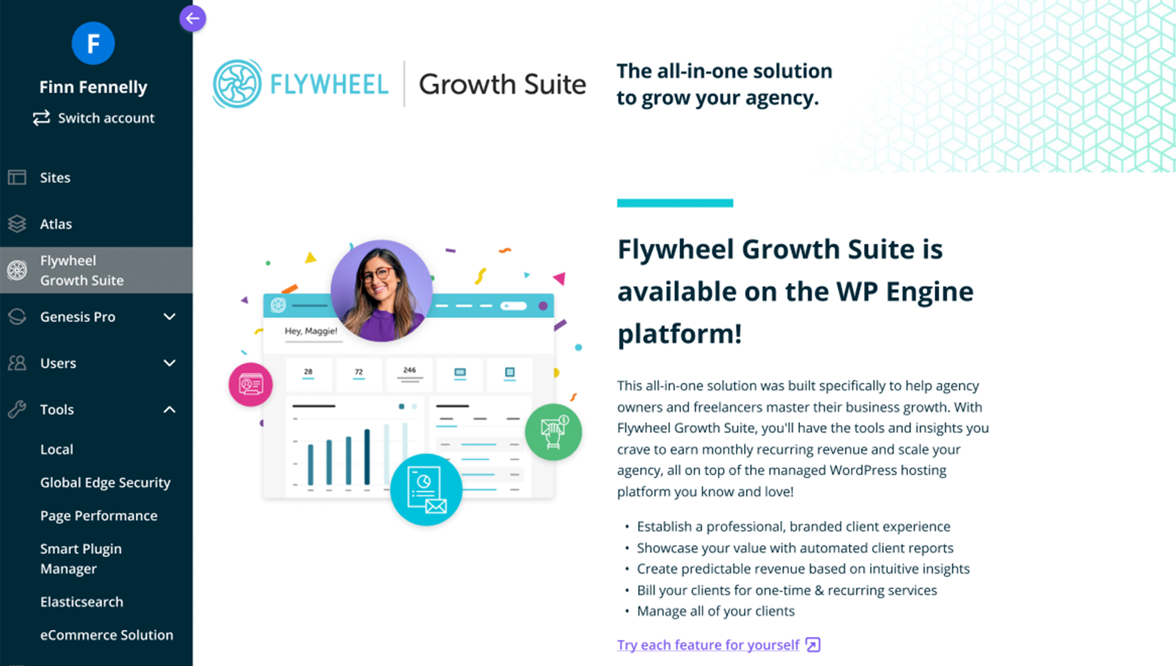 Screenshot showing the appearance of the Flywheel Growth Suite option in the WP Engine User Portal