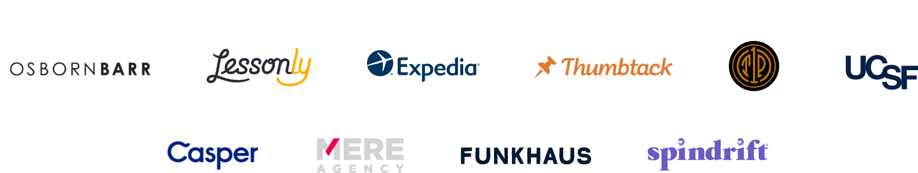 Logos of agencies that use Flywheel, including OsbornBarr, Lessonly, and Expedia