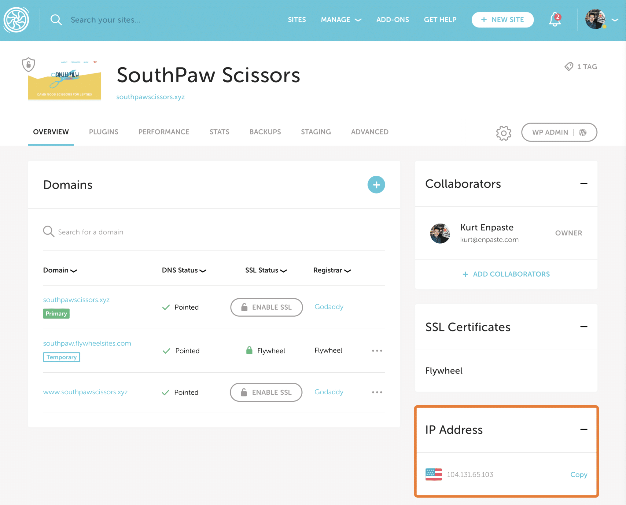 Flywheel IP address on the Flywheel Dashboard