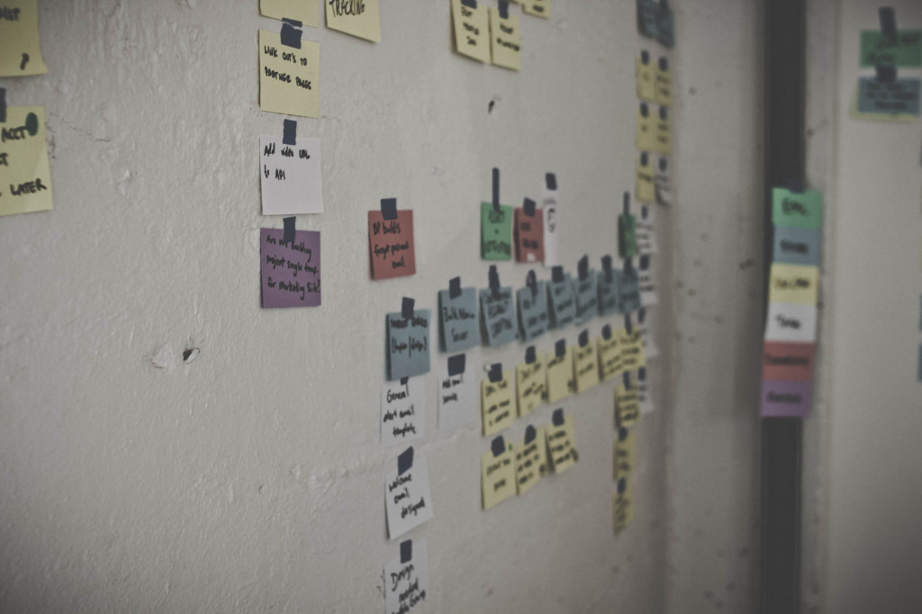 A wall of sticky notes being used to strategize for a client