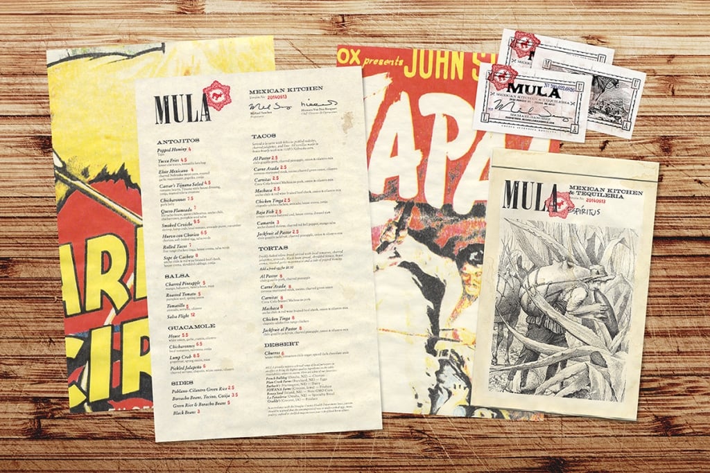 Mula's menus were distressed to look more like what a street-style restaurant might have, as well as hand-stamped with the logo. 