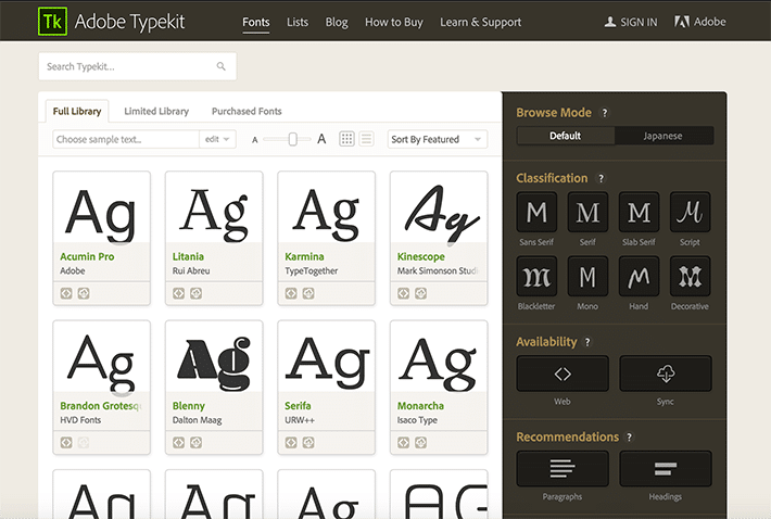 Screenshot of Adobe Typekit options