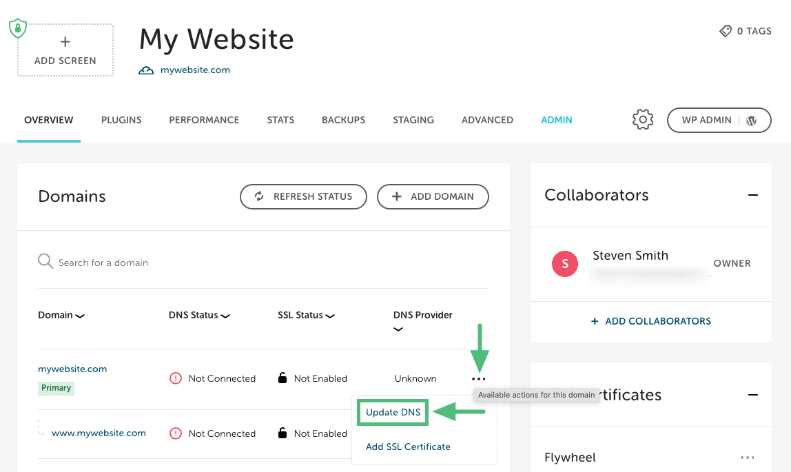 3-dot menu with DNS Details in the Flywheel app