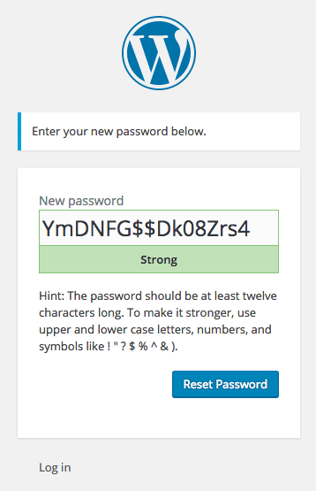WordPress password reset screen
