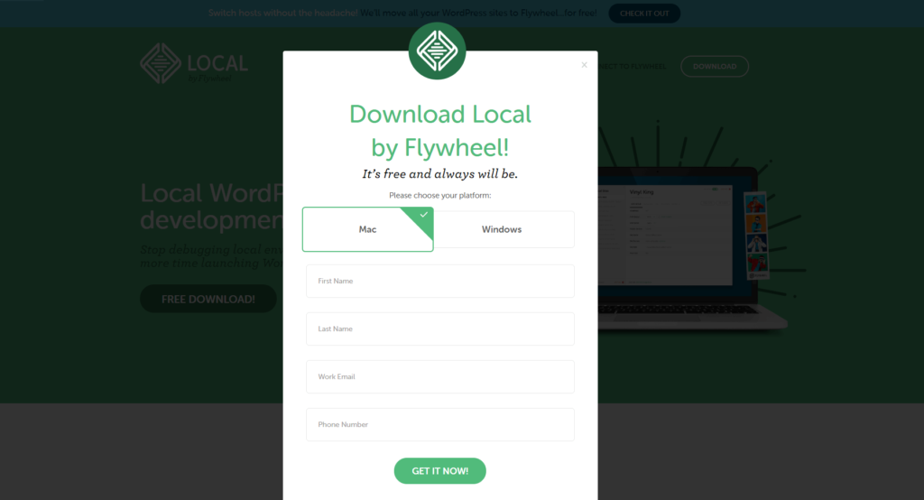The form to download Local by Flywheel