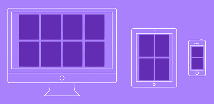 Illustration of how Flexbox content cards appear on desktop, tablets, and mobile devices