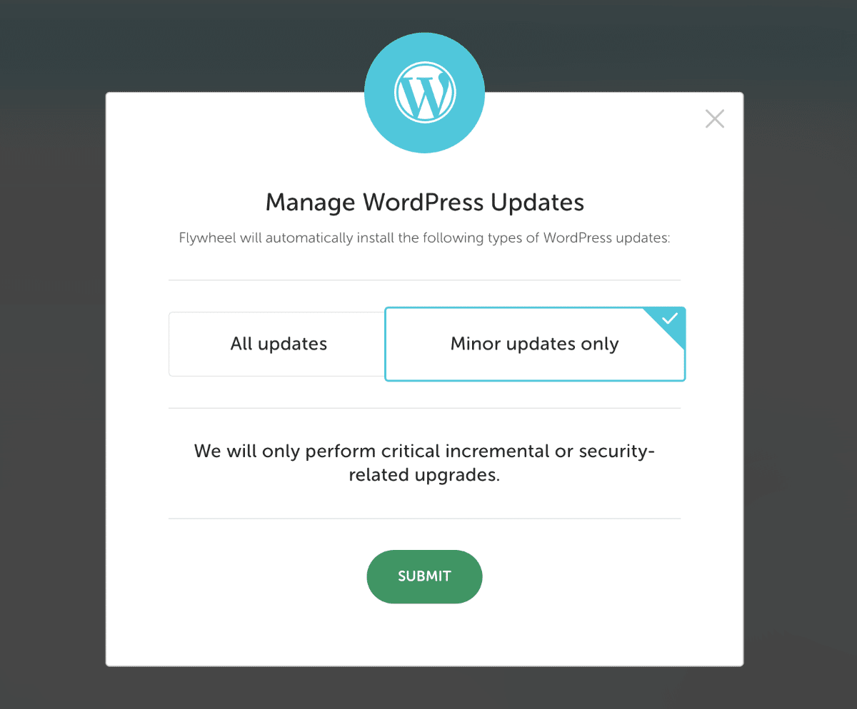 Choose "Minor updates only" to opt out of major version releases, then hit the "Submit" button