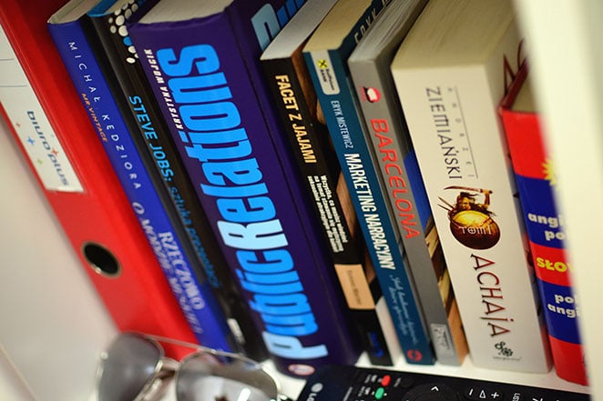 Close-up shot of books on a bookshelf