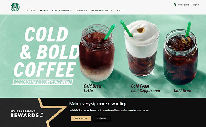 starbucks website CTA screenshot with two options. "Join Now" in gold and "Sign In" in black on a black background