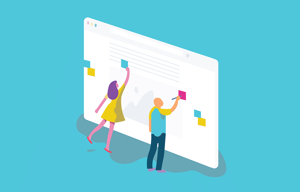 layout by flywheel how to get better client feedback flat image of two people working on massive with with sticky note suggestions