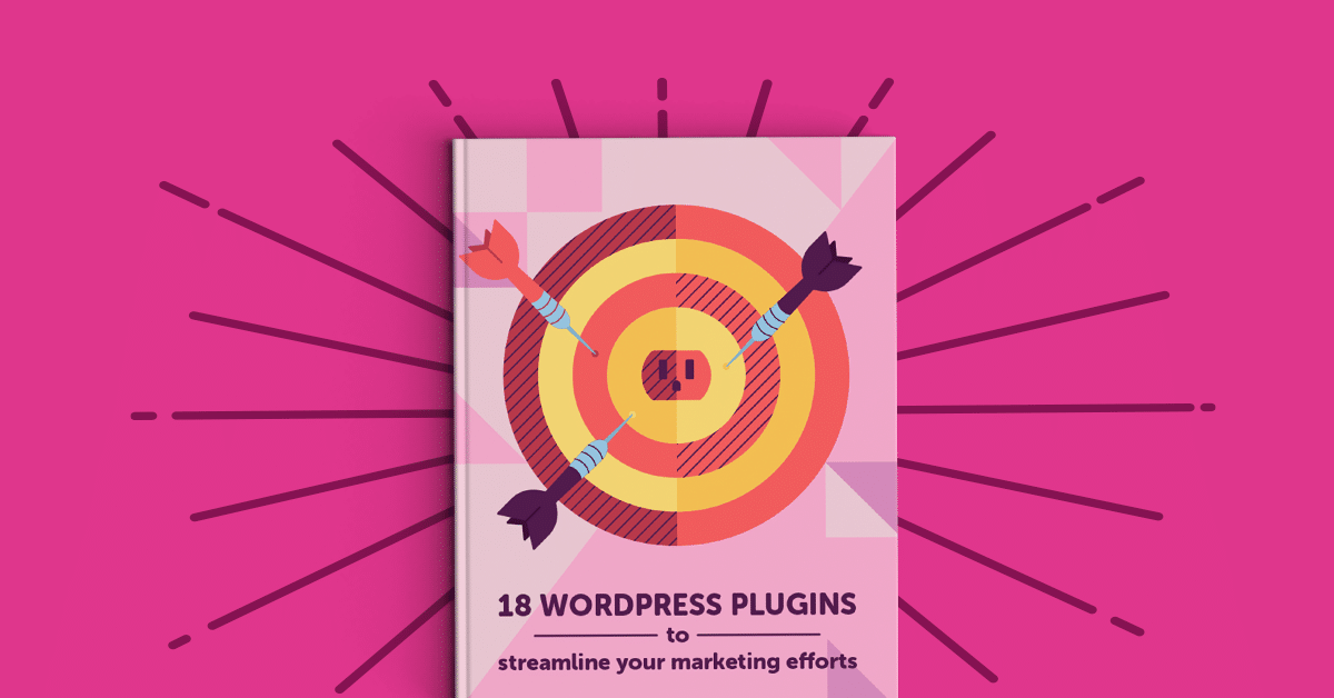 free ebook on pink background with startburst 18 wordpress plugins to streamline your marketing efforts