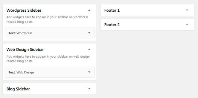 wordpress dashboard wordpress widgets and content selector and different sidebar with multiple footers