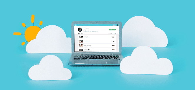 flywheel cloud platform on laptop with blue sky and clouds