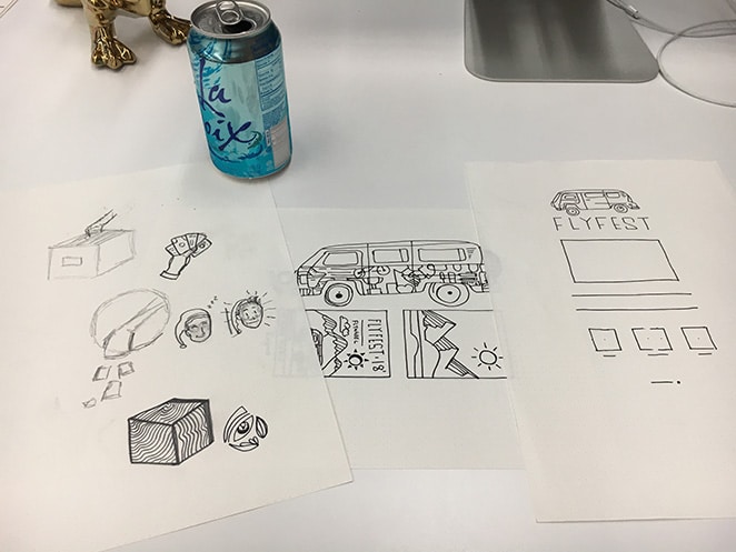 early sketches and design work for fly fest company conference