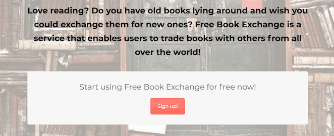 free book exchange header image callout with orange button