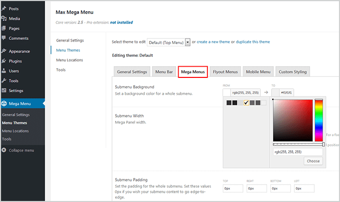 mega menu wordpress tutorial how to mega menu setting color adjust save changes settings screenshot