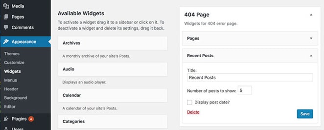 wordpress dashboard widget area basic wordpress custom child theme 404 page tutorial