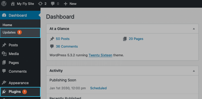 plugin and theme updates available in WordPress dashboard
