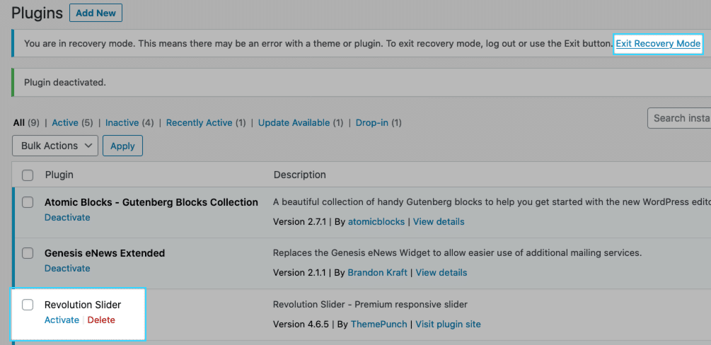 exit recovery mode in WordPress dashboard