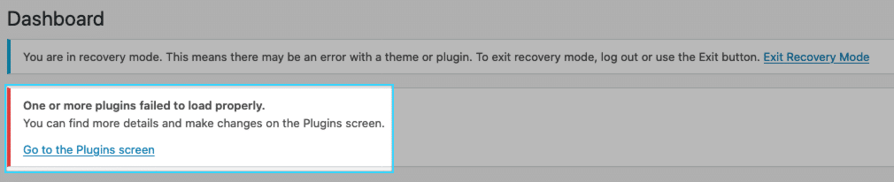 WordPress recovery mode plugin failed to load error