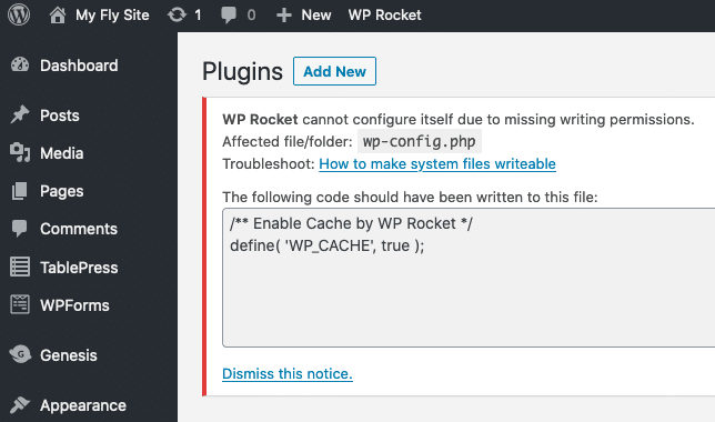 enable WP_CACHE error in WP Rocket