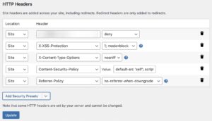 Enable HTTP headers through the plugin Redirection.