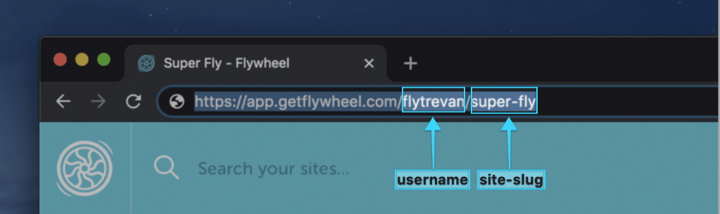 Flywheel site url with username and site-slug highlighted