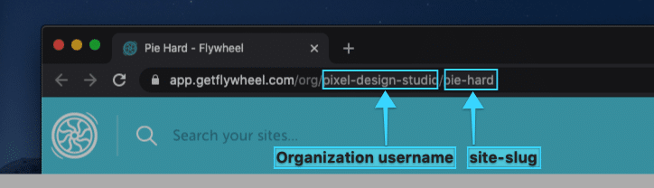 Flywheel site url with Organization username and site-slug highlighted