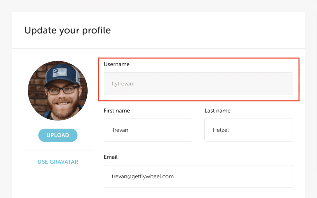 user profile in Flywheel dashboard with username highlighted