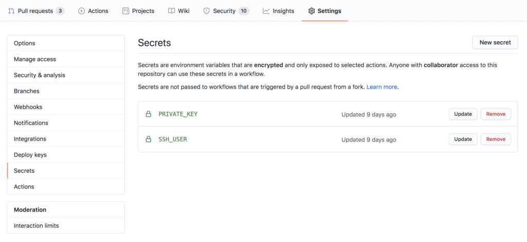 GitHub Settings - Secrets page