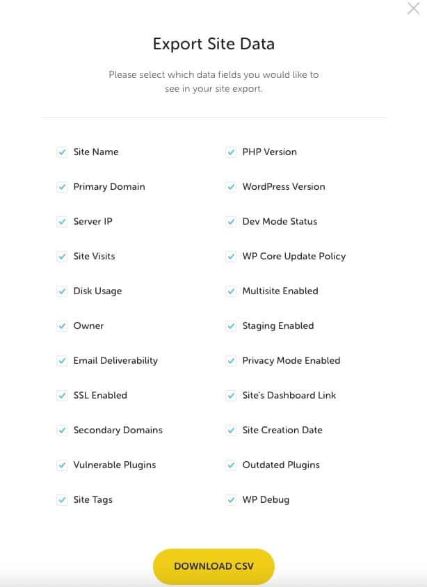 Export site data fields screen