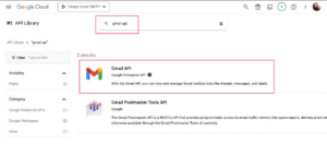 Search for “Gmail API” within the API Library, click “Gmail API” and then “Enable”.