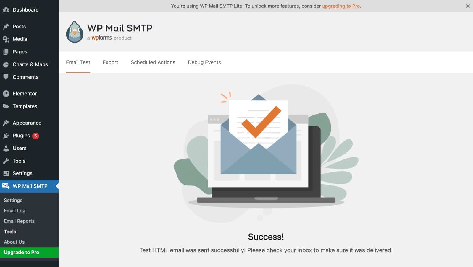 WP Mail SMTP success email.