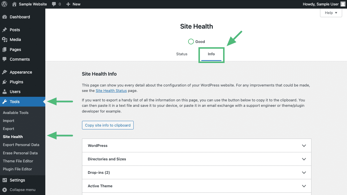 WordPress Site Health Info screen