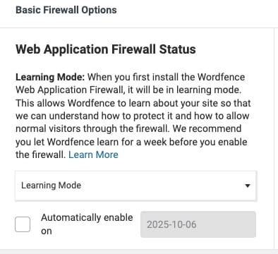 Wordfence Firewall status screen