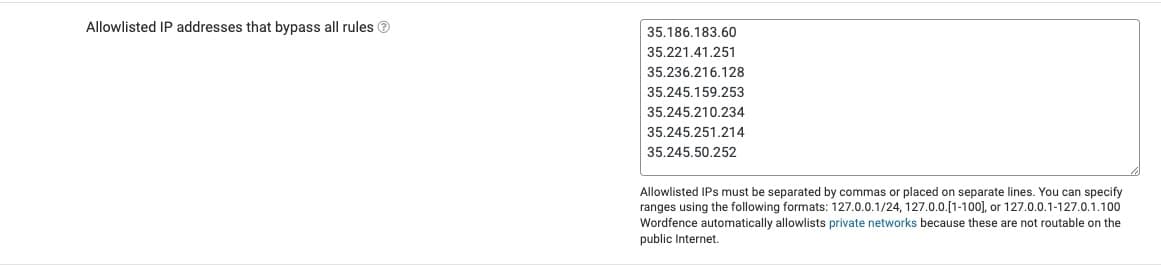Wordfence IP allowedlist screen