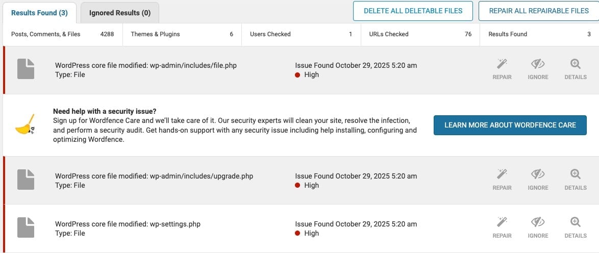 Wordfence scan results screen
