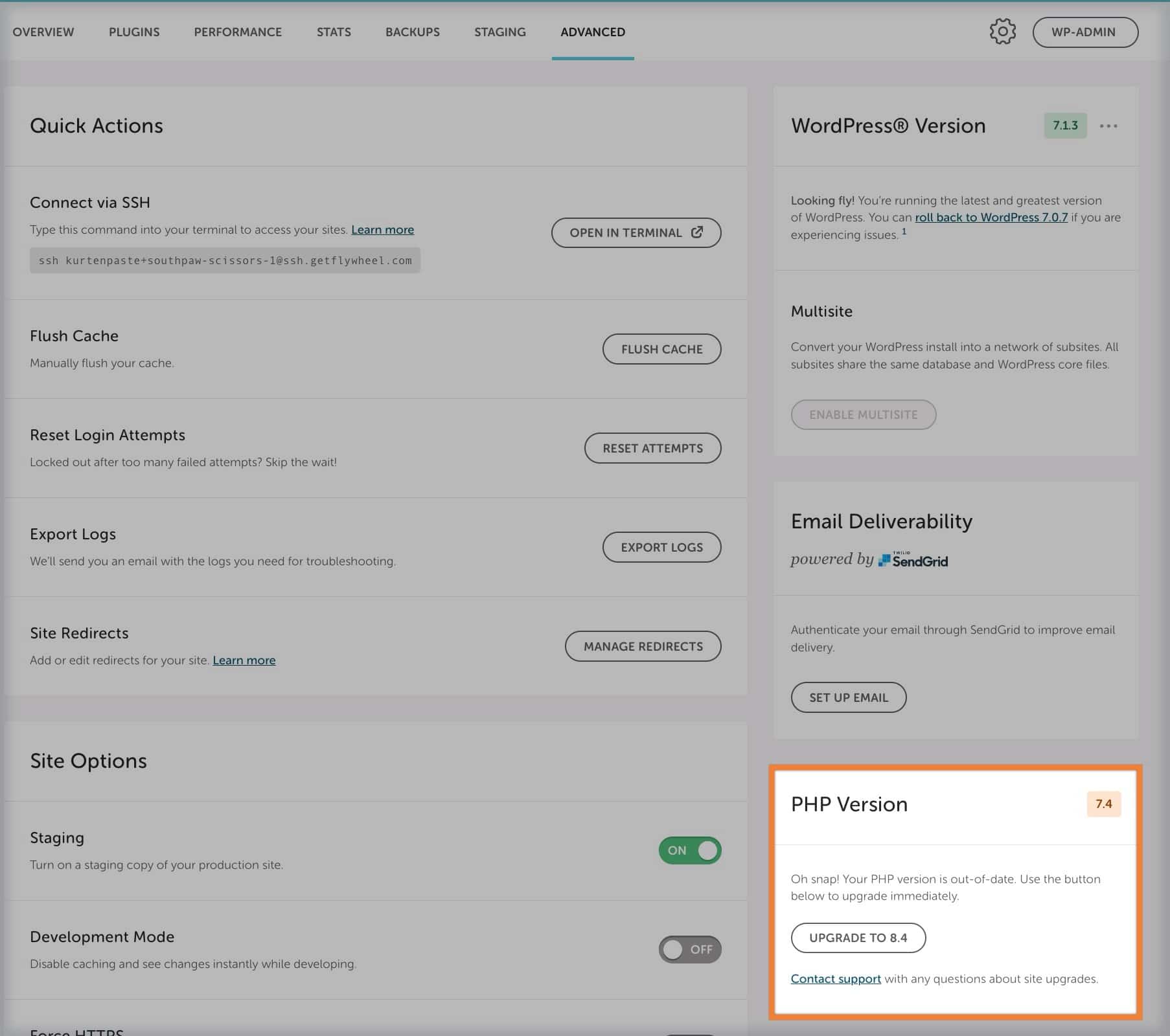 PHP version on Flywheel advanced tab.